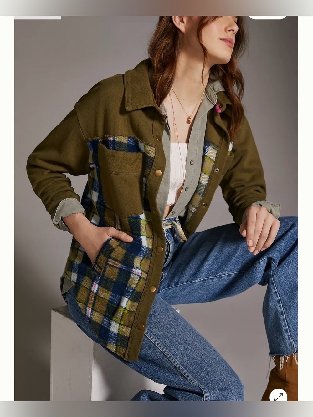Pilcro Olive Plaid Utility Snap Up Contrast Shacket Shirt Jacket Size XL